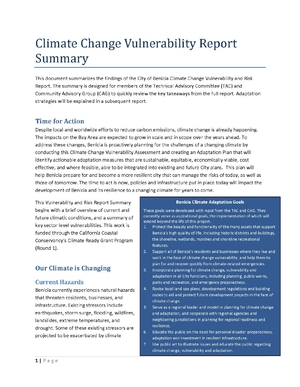 City of Benicia, California Climate Change Vulnerability and Risk Summary Report