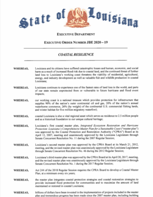 Louisiana Executive Order Number JBE 2020-19 on Coastal Resilience