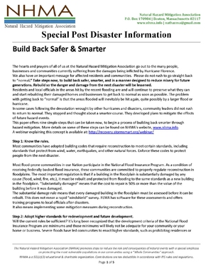 Special Post Disaster Information: Build Back Safer & Smarter