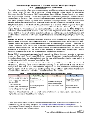 Climate Change Adaptation in the Metropolitan Washington Region: Draft Transportation Sector Vulnerabilities