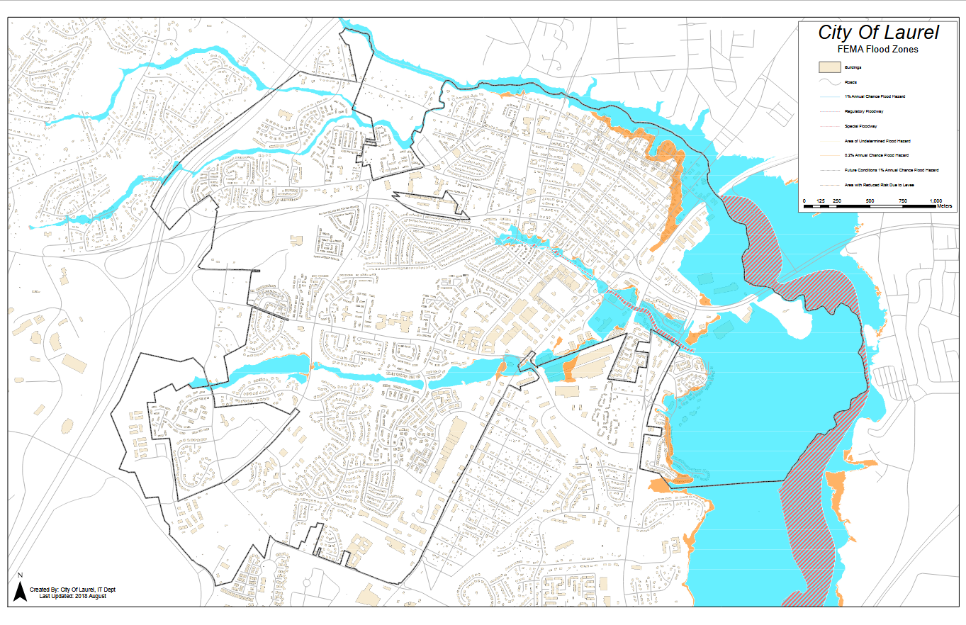 City of Laurel, MD Flood Zones. Map of flood zones across the city from the FEMA Flood Insurance Rate Map in 2018.