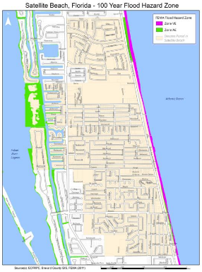 Satellite Beach 100-Year Floodplain. Different zones of the 100-year flood hazard zone for Satellite Beach from FEMA data in 2011.